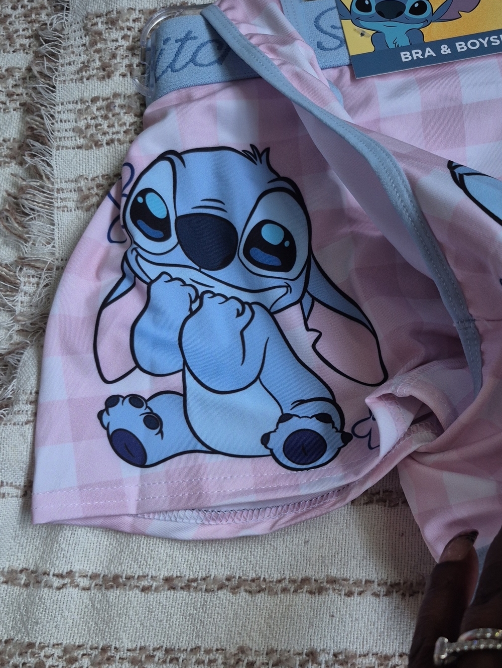 Disney Stitch Pink Gingham Bra & Boyshort Set with Blue Trim - Picture 3 of 4